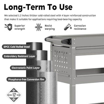 3-Tier Rolling Utility Cart, Metal Tool Cart on Wheels with Lockable-Gray | 330 lb. Load Capability Heavy Duty Tool Cart with Drawers, Mechanic Tool Cart for Garage, Warehouse, Repair Shop - color: Gray