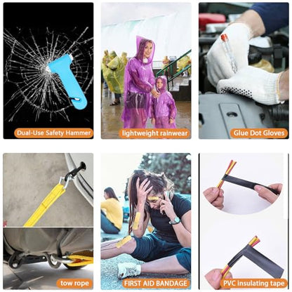 Auto Emergency Kits Vehicles with Jumper Cables headlamp Car Safety Kits | Car Emergency Roadside Tool Kit Tow Straps, Safety Hammer, Rainwear, Multi-tool Kit, Breakdowns Gifts for New Drivers - color: Sky Blue