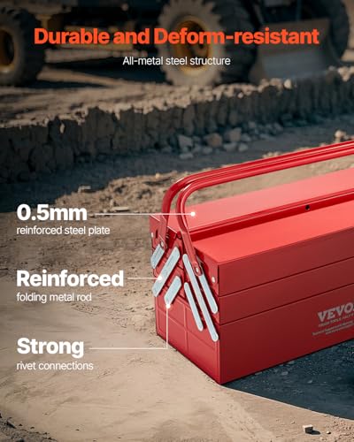 VEVOR Metal Tool Box, 18-inch, 3-Tier 5-Tray Portable Folding Tool Chest Organizer with Handle & Lock Hole, Powder Coated Steel, Cantilever Toolbox for Household Factory Warehouse Repair Shop, Red - style: 3 Tier-5 Tray