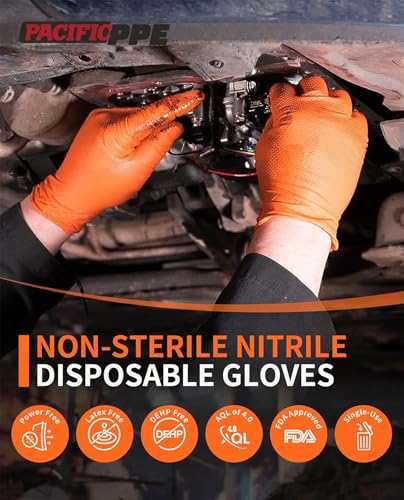 PACIFIC PPE 8 Mil Heavy Duty Strength Nitrile Gloves, Chemical Resistant, Diamond Texture Industrial Disposable Gloves, Orange, 100PCs, Medium - size: Medium(Pack of 100)