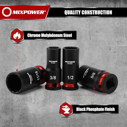 MIXPOWER 12 Pieces 3/8'' Drive Semi-Deep Impact Socket Set,12 Point,SAE,5/16"-1",CR-MO,Axle Nut Impact Grade Socket for Easy Removal - size: 5/16"-1"