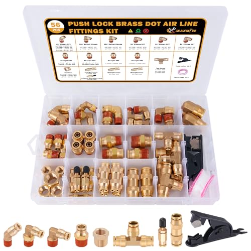 56 Pcs Brass DOT Air Line Fittings kit with Brass Bushings Push to Connect Fittings Push Lock DOT Air Fittings NPT Thread & Quick Connect Air Hose Fittings - color: Gold-56PCS