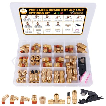 56 Pcs Brass DOT Air Line Fittings kit with Brass Bushings Push to Connect Fittings Push Lock DOT Air Fittings NPT Thread & Quick Connect Air Hose Fittings - color: Gold-56PCS