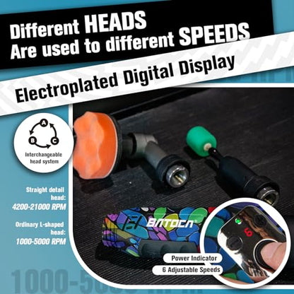 BATOCA S6 Mini Cordless Polisher for Car Detailing 2x2.0Ah Batteries, 0mm Rotary Buffer, 12mm Dual Action Polisher 1-3 Inch, 2 Different Speeds Heads Systems, 4.2k-21k or 1-5k RPM Graffiti Style - size: Graffiti Style with 2 batteries