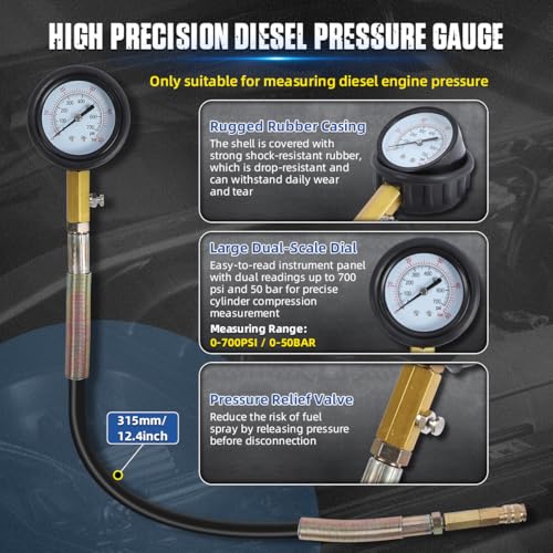 46PCS Compression and Leakage Test Kit Petrol & Diesel Compression Tester Kit Automotive Cylinder Leak Down Tester with Dual Gauge Engine Compression Tester Kit for HDI, TDCi, Pumpe Duse Engine