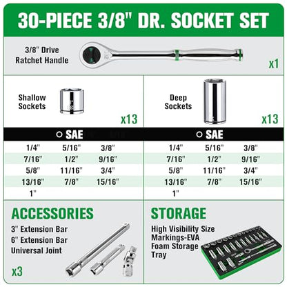 SK 3/8" Drive Socket Set with 160-P Ratchet, SAE, CR-V Steel | 30-Piece Sockets, SuperKrome Finish, Heat Treated, with EVA Foam Tool Organizer - size: SAE