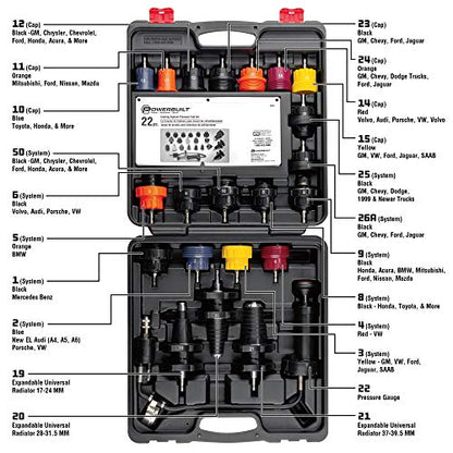 Powerbuilt 22 Piece Cooling System Pressure Tool Kit, Service and Leak Detection for Cars and Trucks, Coolant Adapters, Storage Case 940427 - size: 22 Piece