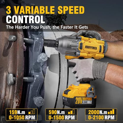 ALLOYPOWER Cordless Brushless Impact Wrench, 1475 ft-lbs (2000N.m), 1/2 High Torque power impact gun, 3-Mode Speed, 2*4000mAh Battery, 3 Sockets, Electric Impact Wrench Set for Car Tire Truck RV Mower - style: 1475Ft-lbs /2x Battery