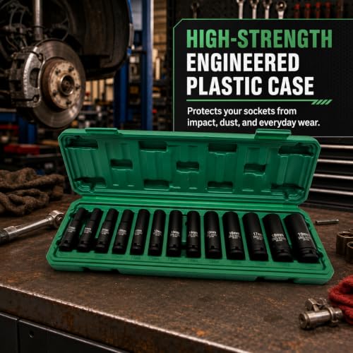 13‑Piece 3/8″ Drive Metric Deep Impact Socket Set, 6‑Point Laser‑Etched 7‑19 mm, Chrome‑Moly Steel, Heavy‑Duty Storage Case - size: 3/8"_13pc