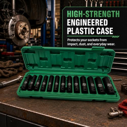 13‑Piece 3/8″ Drive Metric Deep Impact Socket Set, 6‑Point Laser‑Etched 7‑19 mm, Chrome‑Moly Steel, Heavy‑Duty Storage Case - size: 3/8"_13pc