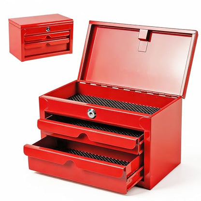 JACK BOSS Mini Tool Box with Two Drawers,Small Metal Tool Box with Lockable Top Storage,Multi-Purpose Portable Tool Boxes Case Organizer,Small Tool Chest with PVC Mats,L10.8"×W6.6"×H7",Red - color: Red