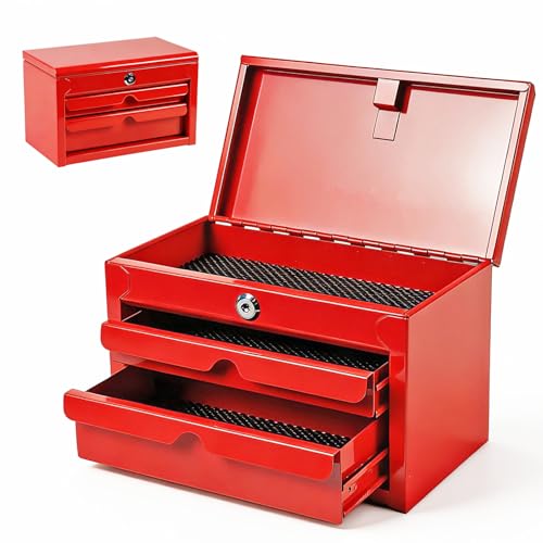 JACK BOSS Mini Tool Box with Two Drawers,Small Metal Tool Box with Lockable Top Storage,Multi-Purpose Portable Tool Boxes Case Organizer,Small Tool Chest with PVC Mats,L10.8"×W6.6"×H7",Red - color: Red
