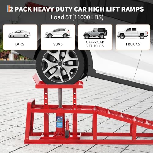 Heavy Duty Hydraulic Car & Truck Service Ramps, 2 Pack, 5 Ton (11000 lbs) Capacity - Adjustable Low Profile Lift 9.8"–16.21" - Ideal for Oil Changes and Garage Use - Red - color: Red