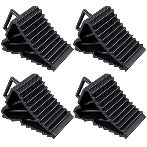 4 Pack Wheel Chocks for RV Trailers & Camper, Heavy Duty Non-Slip Tire Stoppers with Handle for Car, Truck, Travel Trailer - Black