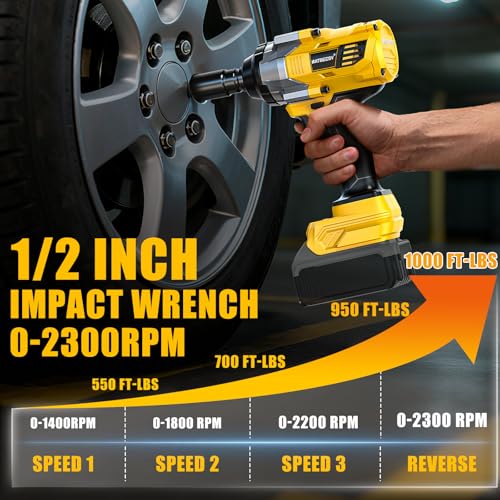 NATBEESY Impact Wrench Compatible with DeWalt 20V Battery: 1/2 Inch Hog Ring Impact Driver High Torque - 1360N.m/1000Ft-lbs Cordless Impact Gun - Brushless Motor with 6 Sockets & Carry Case - style: 1360N.M with Sockets