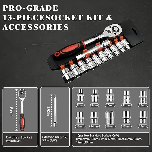 12PCS Ratchet Socket Wrench Set, 3/8-Inch Drive Mini Socket Kit (8-19mm),Quick-Release Reversible Ratchet & Extension Bar for Automotive, DIY, and Home Repair - color: Red, size: Small