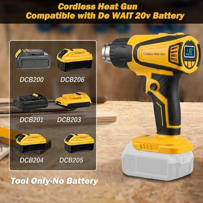 Cordless Heat Gun Compatible with Dewalt 20V Battery,Adjustable Temp 120℉–1110℉,LED Light,Portable Hot Air Gun LCD Digital Display & 4 Nozzles For Shrink Tubing (Tool Only, Not Made by Dewalt)