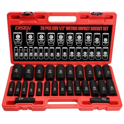 DISEN 26 Pcs Metric 1/2" Impact Socket Set | 10mm - 36mm Deep Sockets Set Impact, 6-Point,Cr-V,Rugged Construction 1/2 Inches Drive Socket - style: 1/2“ 26PCS