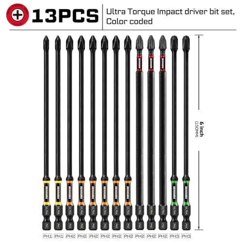 Geinxurn Double Impact #1#2#3 Phillips Screwdriver Bits Set, 13pcs 6” (PH1/PH2/PH3) Magnetic D2 Steel Long Extension Driver Bits Set with Color Coded Base - size: 13pcs-6“-PH