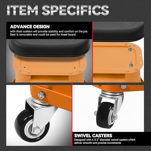 Auto Dynasty Mechanic Roller Stool, 300 LBS Capacity Rolling Creeper Garage Shop Seat with Tool Tray, Heavy Duty Mechanic Roll Repair Chair for Workshop Household Home Warehouse Office, Orange