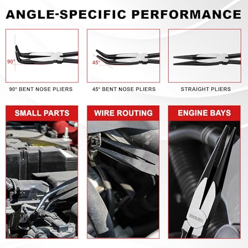 7-Piece 11" Long Reach Needle Nose Pliers Set | 7-Piece 11" long reach needle nose pliers set with 58HRC carbon steel, hose grippers, and case for tight engine spaces.