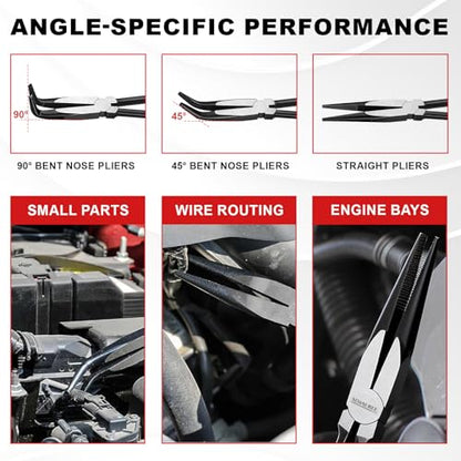 7-Piece 11" Long Reach Needle Nose Pliers Set | 7-Piece 11" long reach needle nose pliers set with 58HRC carbon steel, hose grippers, and case for tight engine spaces.
