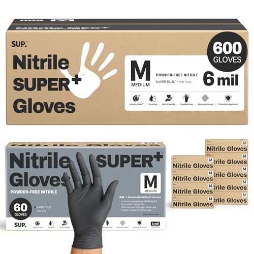 SUPER+ Black Nitrile Gloves HEAVY DUTY 6 Mil Disposable Chemical Resistant Powder & Latex Free Medical Food Safe, 60/600 Ct - color: Medium (Black)