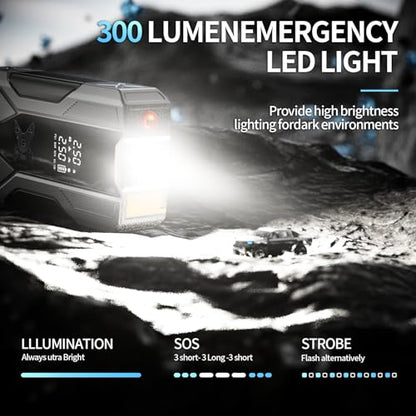 Emergency Portable Jump Starter with Air Compressor - 3000A 150PSI for Cars, Trucks & SUVs up to 9L Gas/7L Diesel, 12000mAh Portable Power Bank, -20°F Cold Start (Silver)
