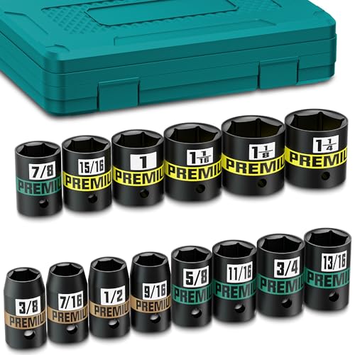 14-Piece 1/2" Drive Shallow Impact Socket Set, 3/8" to 1-1/4", Semi-Deep Sockets, Cr-V, Socket Set for Automotive and Home, SAE, 6 Point - size: 1/2" 14pcs SAE Shallow