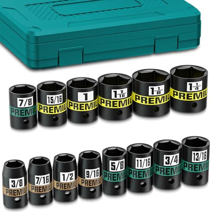 14-Piece 1/2" Drive Shallow Impact Socket Set, 3/8" to 1-1/4", Semi-Deep Sockets, Cr-V, Socket Set for Automotive and Home, SAE, 6 Point - size: 1/2" 14pcs SAE Shallow