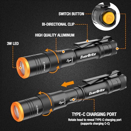 EverBrite Mini Pen Light, Rechargeable Pocket Pen Flashlight with USB C Cable, 4 Light Modes, 300 Lumens Small Flashlight with Clip for Inspection, Repair, Outdoors, Emergency, Black - color: Black