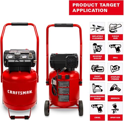 Craftsman Air Compressor 10 Gallon, Peak 1.8 HP, Max 150 PSI, 4.0CFM@90PSI, 5.0 CFM@40PSI, Oil-free, Portable Air Compressor with Wheel, 120V, Model: CMXECXA0331042