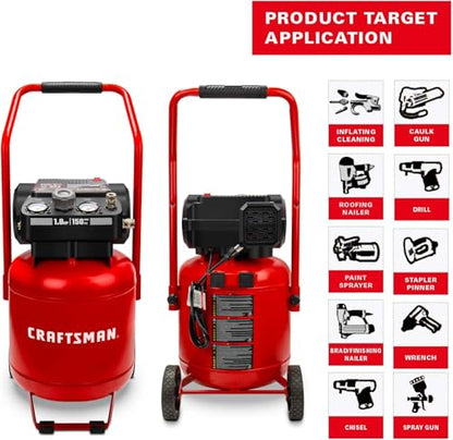 Craftsman Air Compressor 10 Gallon, Peak 1.8 HP, Max 150 PSI, 4.0CFM@90PSI, 5.0 CFM@40PSI, Oil-free, Portable Air Compressor with Wheel, 120V, Model: CMXECXA0331042