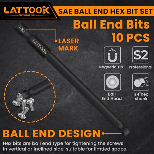 SAE Ball End Hex Head Allen Wrench Drill Bit Set | LATTOOK 10PCS Ball End Hex Bit Set Allen Hex Key, 4'' Long, Magnetic S2 Steel - style: 10PCS Ball Hex Bits