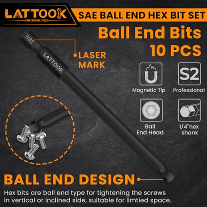 SAE Ball End Hex Head Allen Wrench Drill Bit Set | LATTOOK 10PCS Ball End Hex Bit Set Allen Hex Key, 4'' Long, Magnetic S2 Steel - style: 10PCS Ball Hex Bits
