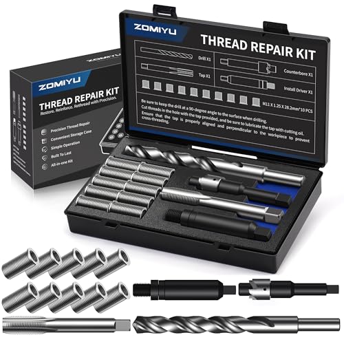 M11x1.25 Metric Thread Repair Kit, One-Piece Inserts (10PCS,28.2mm) | 304 stainless steel resists corrosion; HSS drill, tap, counterbore and driver restore worn or stripped internal threads - size: M11 X 1.25