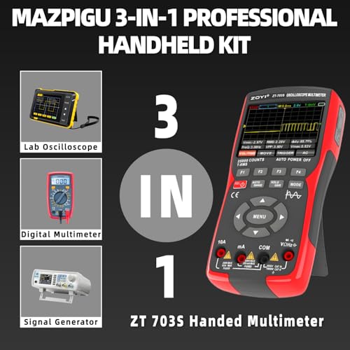 ZT-703S 3 in 1 Handheld Oscilloscope Automotive Dual Channel 50MHz with Digital Multimeter and Signal Generator, 3400mAh for Electronics/Education