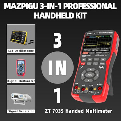 ZT-703S 3 in 1 Handheld Oscilloscope Automotive Dual Channel 50MHz with Digital Multimeter and Signal Generator, 3400mAh for Electronics/Education