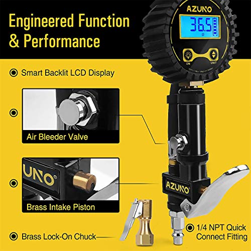 AZUNO Digital Bicycle Tire Inflator Gauge, Auto-Select Presta & Schrader | 200 PSI Digital Gauge, Auto-Select Valve, Air Compressor Ready, Brass Chuck, Rubber Hose, Oxford Storage Bag - size: Digital