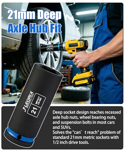 21mm Deep Impact Socket 1/2" Drive CR-MO Steel 6-Point | CR-MO steel impact socket set. 1/2" drive, 6-point design. Deep reach for lug nuts & axle nuts. - size: 21mm