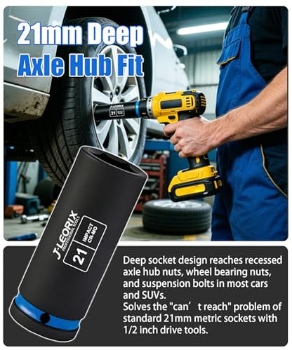 21mm Deep Impact Socket 1/2" Drive CR-MO Steel 6-Point | CR-MO steel impact socket set. 1/2" drive, 6-point design. Deep reach for lug nuts & axle nuts. - size: 21mm