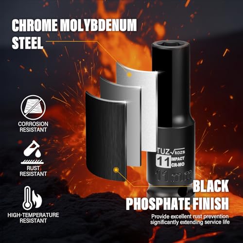 1/2 Inch Drive 11mm Deep Metric 6 Point CR-MO Impact Socket | Radius Corner Design,Square Chamfered Opening,Axle Nut Impact Grade Socket for Easy Removal - size: 1/2” Drive 11mm Deep, style: 1/2" Drive Deep Socket