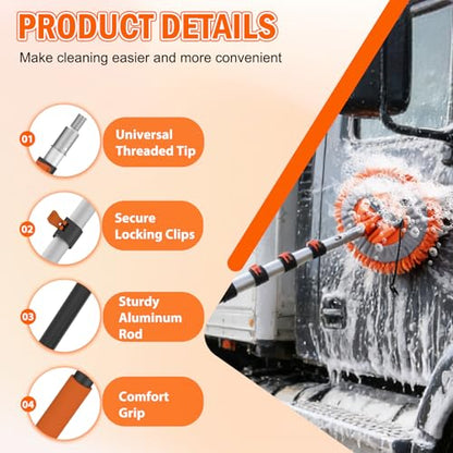 SISUPASSIE 16FT Car Wash Brush with Long Handle, Car Cleaning Brush Kit with Soft Bristle Brush, Solar Panel Cleaning Kit, Window Squeegee, Microfiber Mop, Wheel Brush, Mitt for Truck, RV, Boat
