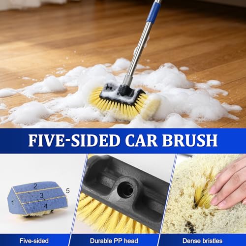 Car Wash Brush, 74" Adjustable Long Handle Soft Bristle Car Cleaning Brush | 34-74" Adjustable Car Wash Brush with Handle, Ideal for RV, Boat, Truck, SUV, Wagon, Solar Panels & Home Exteriors (Yellow)