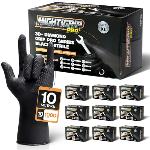 10 Mil Heavy-Duty Black Nitrile Gloves, Diamond Grip, Mechanic Grade, Latex & Powder Free, 1000 Count Bulk - size: X-Large