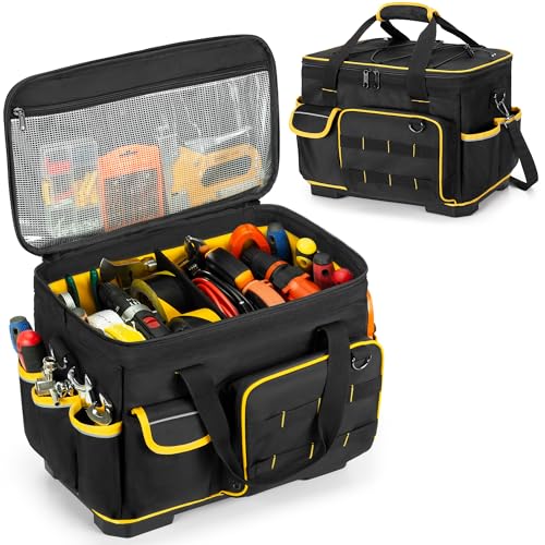 Marscamd 16-inch Tool Bag with Hard Bottom and a Detachable Divider, Heavy Duty Tool Tote with Multiple Pockets, Black