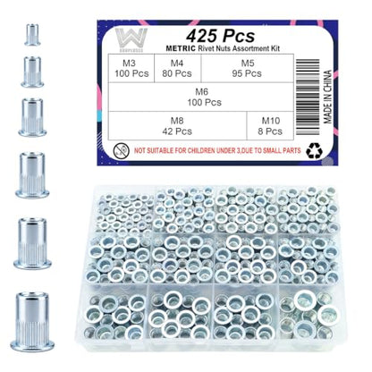 425 Pcs Metric Rivet Nut Kit, M3 M4 M5 M6 M8 M10 | Zinc-Plated Carbon Steel, M3-0.5 M4-0.7 M5-0.8 M6-1.0 M8-1.25 M10-1.5 - size: Metric Kit (425 Pcs)