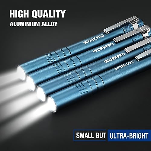 WORKPRO LED Pen Light, Aluminum Pen Flashlights, Pocket Flashlight with Clip for Inspection, Emergency, Everyday, 2AAA Batteries Included, Blue (4-Pack) - color: Blue