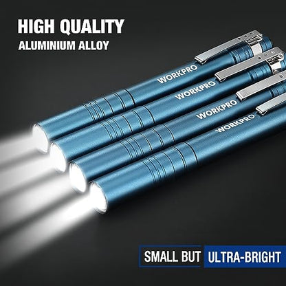 WORKPRO LED Pen Light, Aluminum Pen Flashlights, Pocket Flashlight with Clip for Inspection, Emergency, Everyday, 2AAA Batteries Included, Blue (4-Pack) - color: Blue
