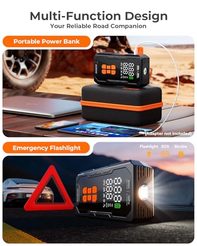 Jump Starter with Air Compressor, Car Battery Jumper Starter Portable with Auto-Shutoff Tire Inflator, Car Battery Charger Jump Box for 8.0L Gas/6.0L Diesel Engines